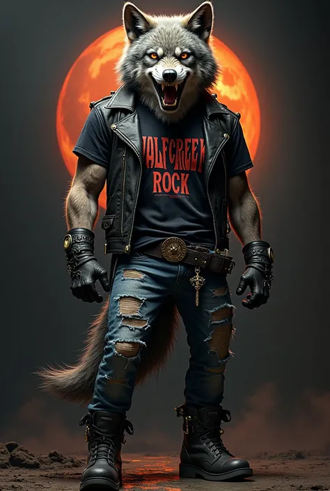 A wolf dressed as a rocker written “Wolfcreeck” on top with black letters and hard rock on the bottom and date 2021
