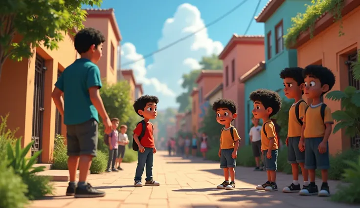 Neighborhood intervention

"Depict neighborhood elders stepping in to mediate the situation. Zoraiz stands firmly, protecting his sister, while the mischievous boys appear embarrassed and apologetic. The scene includes a small group of concerned neighbors ...