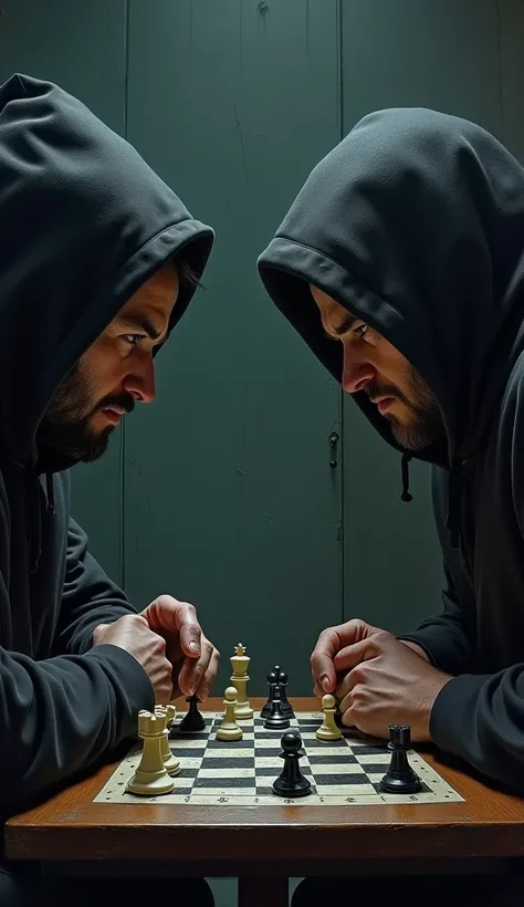 a man playing chess with a hooded person 