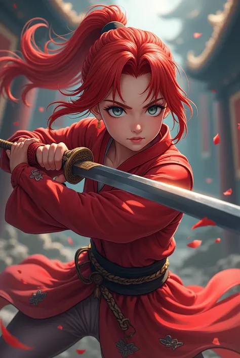 Create a anime character teen girl with scarlet hair, a tomboy warrior with sword and a scarlet costume