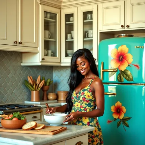 A Melanesian woman who is cooking in a gorgeous kitchen. Shes wearing a beautiful dress. The kitchen has French "Côte dAzur" "1970s" vibes, subtil shining gold on the mosaic tiles of backsplash, and a shabby chic "green-blue" almost emerald smeg refrigerat...