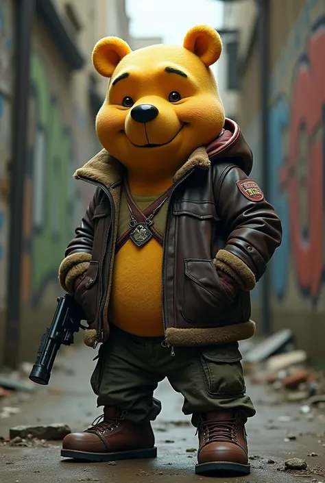 Give me an image of the character Winnie Pooh as if he were a gang member