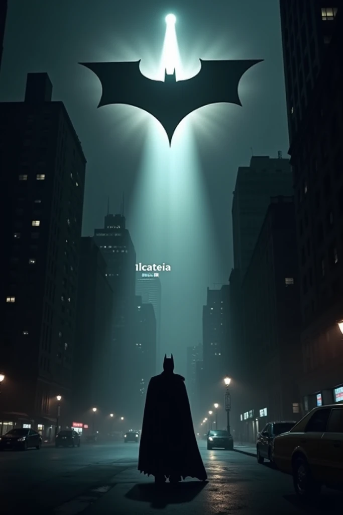 Create the Batsignal symbol  ,   the symbol between buildings and dark streets ,   but in the reflection of the light write the text ALCATEIA