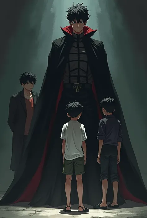 A fat and ugly boy in the shadow of a handsome boy with black hair, handsome black eyes. 

Another boy with 1m86 white hair, black and red demon outfit in the boys shadow and another one that looks like the first manga boy.