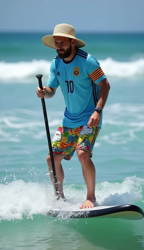 Create a photography of Lionel Messi, in his Argentina jersey, wearing a beach hat with a fun design and vibrant shorts, attempting to stand-up paddle on the ocean. He keeps losing his balance and falls off the board repeatedly, making the crowd laugh as h...