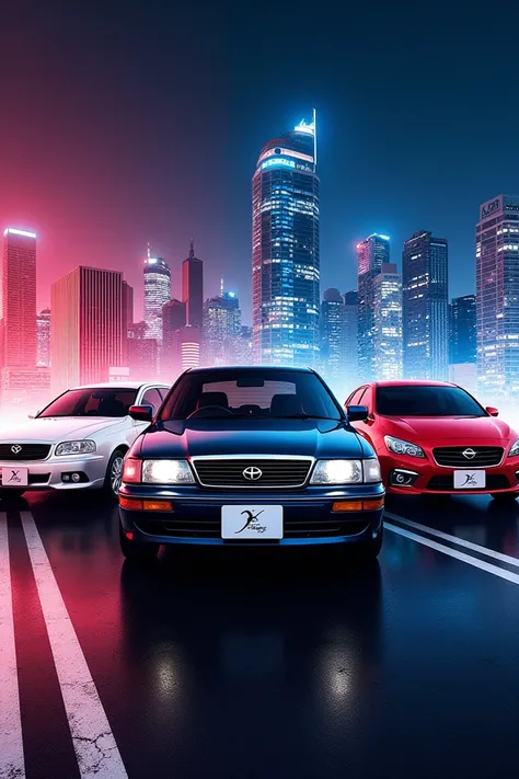 A poster promotion contains pictures of Toyota mark x 2005, Nissan xtrail 2008, Nissan bluebird 2009