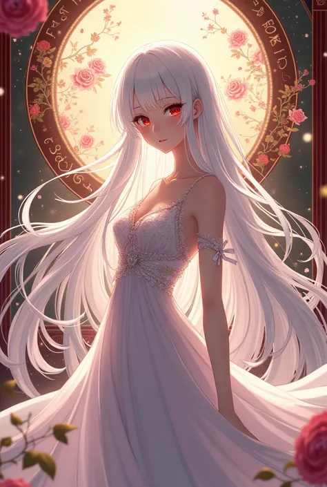 White hair, long hair, dress, tall girl, girl crush, red eyes, 화려한 배경, anime, manga