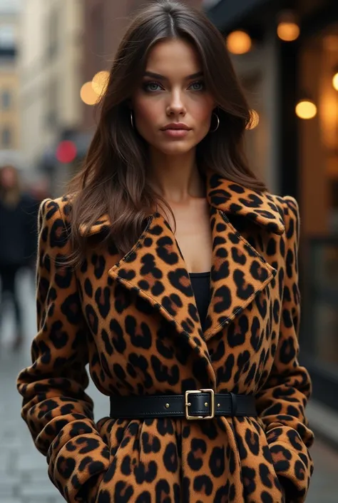 Woman with leopard print coat with belt