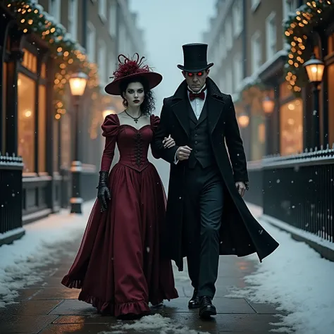 ((night, snow falling)) BREAK ((1woman) bride of Frankenstein, (very pale eyes), angular face, deathly pale skin) BREAK in burgundy Victorian dress and hat, BREAK, walking side-by-side with, BREAK (1man) satanic face (red eyes), in black Victorian coat and...