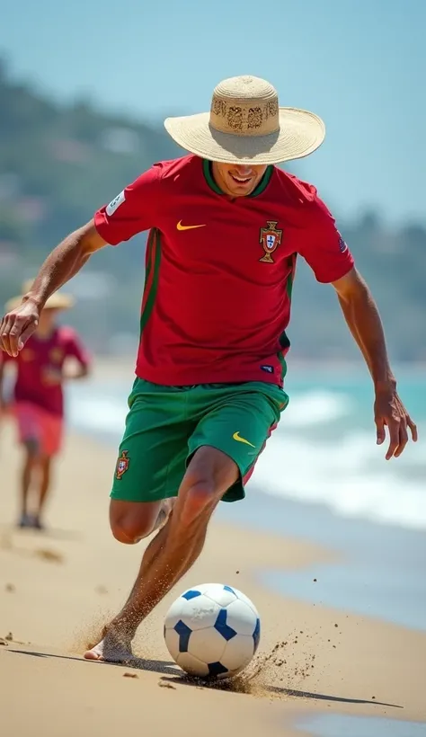 Create a photography of Cristiano Ronaldo, in his Portugal jersey, wearing a beach hat with a playful design and funny shorts, playing a casual game of football with ren on the beach. Ronaldo is trying to impress the s with his footwork but keeps stumbling...