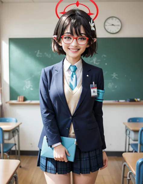 Masterpiece, hd, solo, realistic, best quality, from front, ayane (blue archive), smile, happy,yellow eyes,short hair,black hair,glasses,pointy ears,hair flower,halo,blazer,blue necktie,sweater,white shirt,plaid skirt,black socks,loafers,armband, indoor, c...