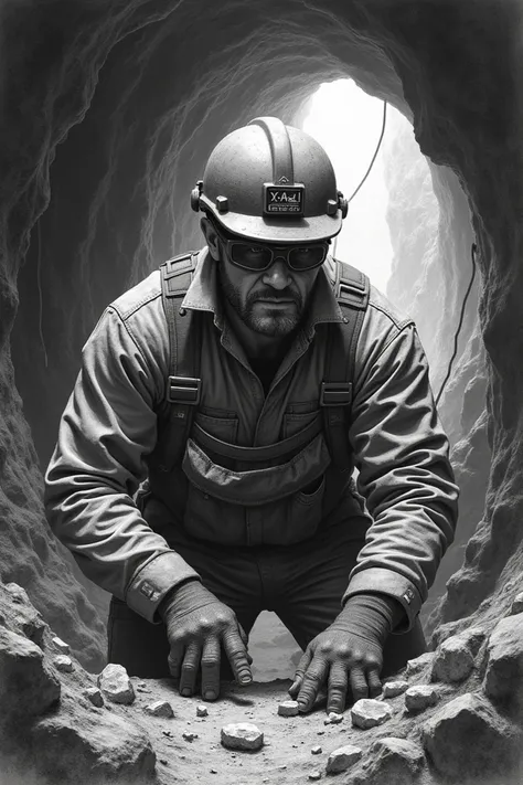 Make a drawing to draw An individual who works daily on the extraction of
precious minerals in a mine.  He and his colleagues are exposed to
X-rays when leaving every day to check that they are not stealing
Some material of value to the company. Based on t...