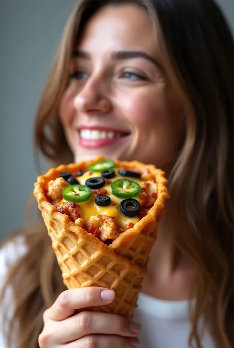 Proper Waffle pIZZA cone prominent Fully Loaded cheese chicken black olives jalapeno  extra Chicken promenade Toping hd picture on beautiful simple Girl  review