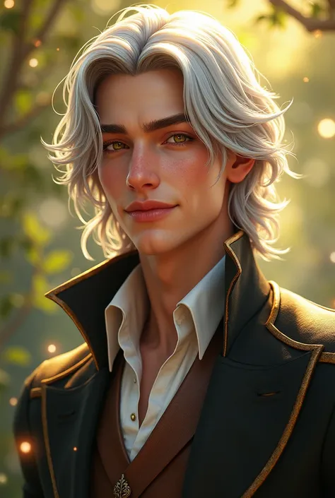 (photorealism:1.2), A charming and dashing nobleman in his mid-twenties, Elias has shoulder-length silver hair that shimmers in the sunlight and warm, golden-brown eyes that exude friendliness. His easy smile and confident demeanor make him popular among n...