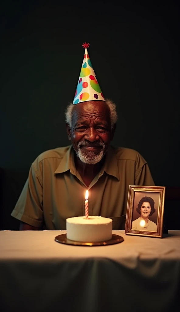 An elderly black man sits alone at a table,wearing a colorful party hat. His eyes are filled with tears,
and a pained smile suggests a mix of sadness and nostalgia. In front of him is a small, simple
birthday cake with a single lit candle, casting a warm g...