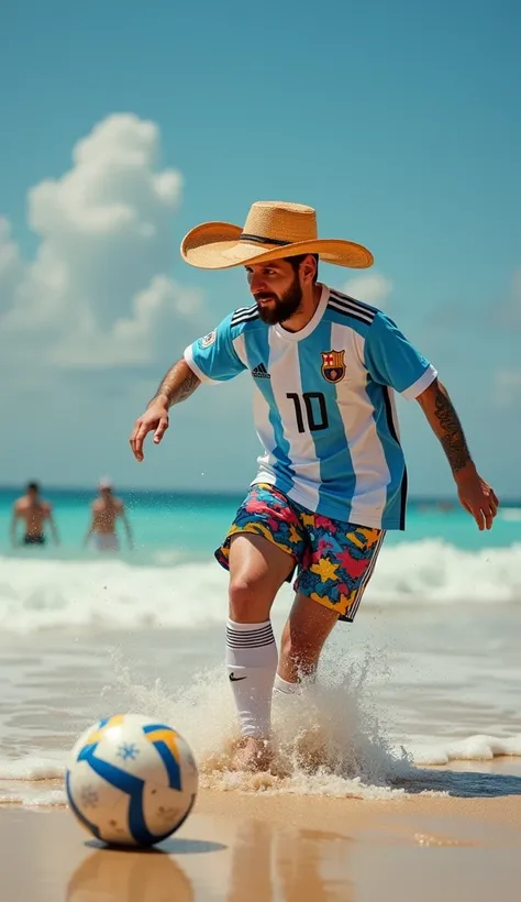 Create a photography of Lionel Messi, in his Argentina jersey, wearing a cartoon-themed beach hat and colorful shorts, kicking a beach ball around. He’s trying to control the ball, but it keeps floating away on the breeze, and Messi spends more time chasin...