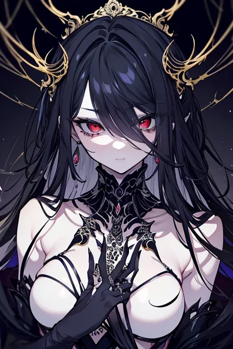 a highly detailed portrait of a female spider queen, her piercing predatory gaze, intricate spider-like facial features, flowing hair resembling spider legs, porcelain skin, elegant aristocratic pose, ornate spider-themed jewelry, dramatic lighting, dark f...