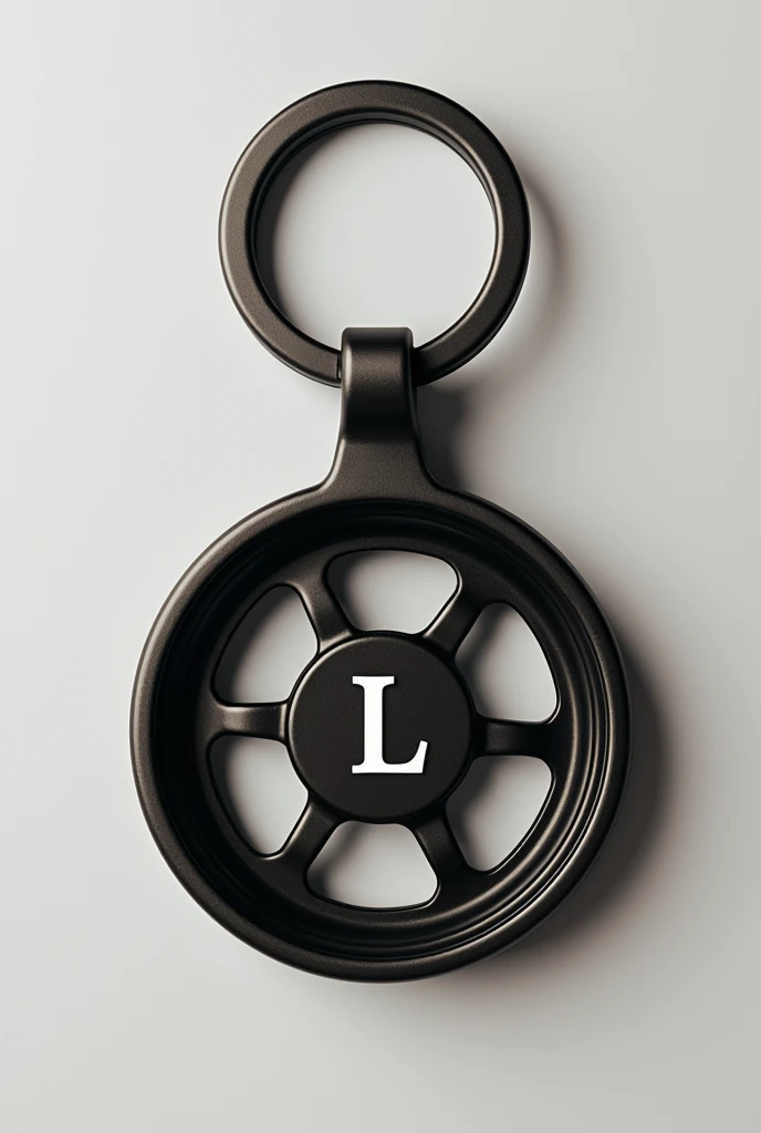 a minimalist keychain with a motorcycle wheel and an L in the middle 