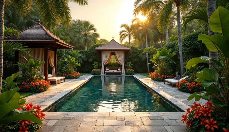 A luxurious garden in Bali, part of an opulent estate, surrounded by lush tropical plants and tall palm trees swaying gently in the breeze. The garden features intricately designed pathways of stone, bordered by vibrant flowers like frangipani and hibiscus...