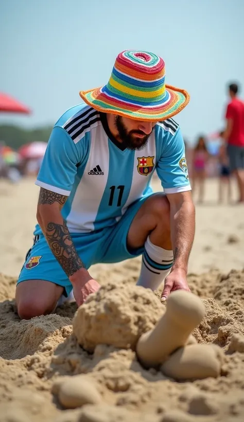 Create a photography of Lionel Messi, in his Argentina jersey, wearing a colorful beach hat and funny shorts, building a funny and abstract sand sculpture. He’s focused on creating a strange shape that looks more like a blob than a figure, but Messi takes ...