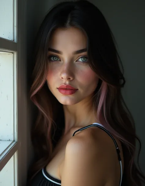  20-year-old girl  ,With tan skin , sweet face, ojos azules claros ,   sexy look ,  perfect eyebrows ,   seductive smile ,lips outlined in black, straight black and light pink hair ,  wears sportswear ,  ultra vivid mega-realistic details HDR 300DPI Blush,...