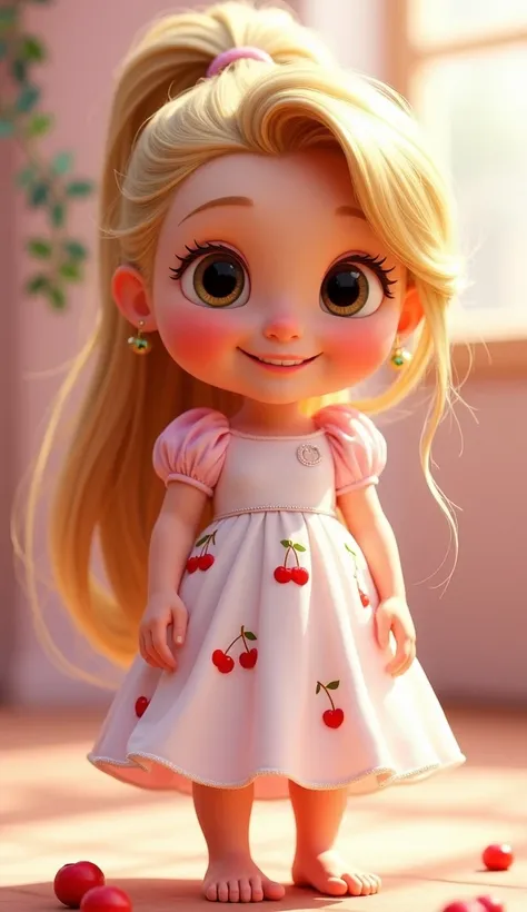 Disney Pixar style character Rapunzel baby with ponytail in her hair wearing a white dress with red cherries and who is standing and full body