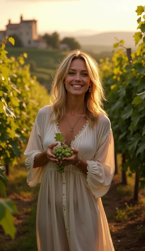 Cameron Diaz slightly smiling dressed up as vintage night shirt picking grapes in vineyard with some small stone houses village in the back, almost sunset