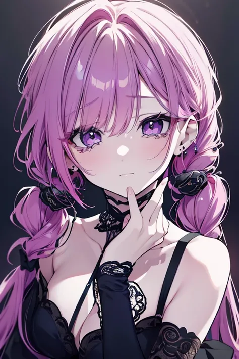 A beautiful woman with pink and purple hair, long eyelashes, wearing a sexy dress, twin tails, braids, multiple piercings, tears in her eyes, sorrowful expression, (best quality,4k,8k,highres,masterpiece:1.2),ultra-detailed,(realistic,photorealistic,photo-...