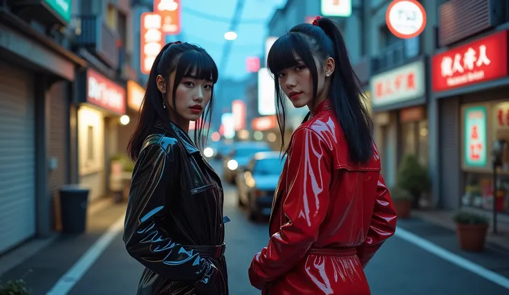 realistic photo , 2 punk asian woman standing , wearing shinny pvc jumpsuit , shinny pvc jacket , wearing shinny pvc thigh high boots , shinny pvc long gloves , in japanese street at dusk with nissan r32