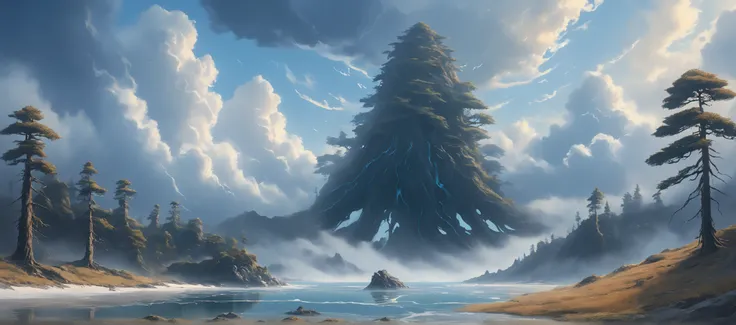 ( High mountain plateau ,  A sprawling cedar grows on the plateau). (( In the distance, in the background, there is a huge creature above the trees above the mountains with an elongated fish face, long straight legs and 4 fins on its head and a thick tail ...