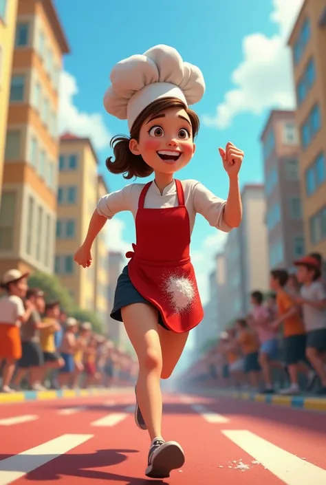 It shows a talented animated chef running with determination in a marathon. She wears her chefs uniform ,  with a touch of flour on her apron ,  symbolizing her passion for cooking and her spirit of perseverance .  The city in the background is full of spe...