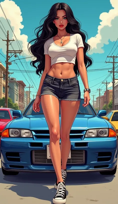 full body,80s Tokyo aesthetics,80s anime cartoon,illustration,80s Toyko LoFi aesthetics,gorgeous Mexican woman bombshell with a perfect hourglass-figure body,deep cleavage,extra wide hips, large plump butt cheeks,wearing crop-top t-shirt,short-shorts,low-t...