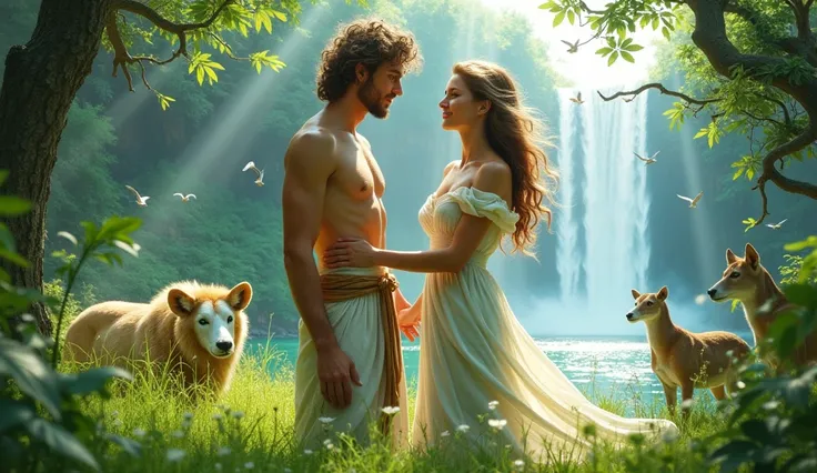  An idealized representation of Eden , with a crystalline waterfall , Bright green grass,  exotic animals living together peacefully .  Adam and Eve appear amidst the scenery , with serene expressions,  green eyes and wavy brown hair ,  reflecting harmony ...