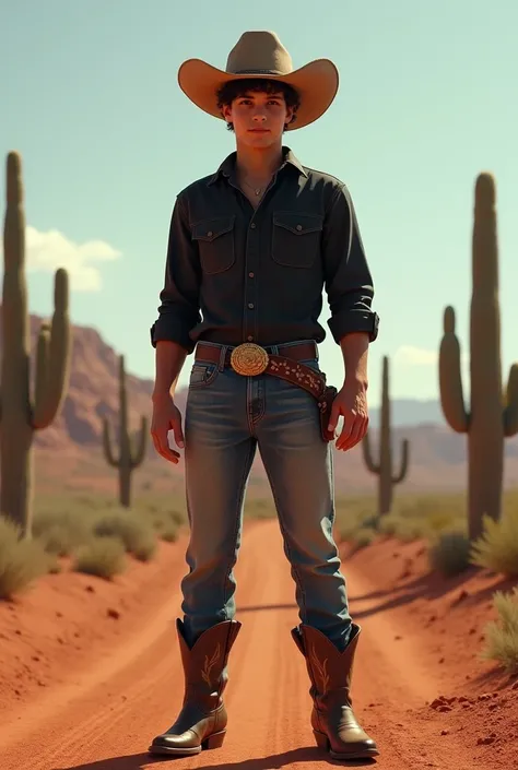 Mexican teenager Cowboy with blue jeans and black button shirt 