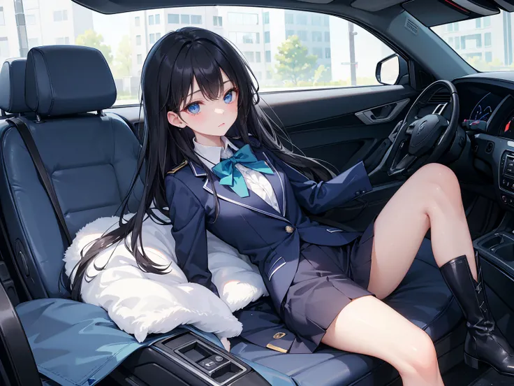 high school student ， Has long, dark hair ， with warm blue eyes ， Wore a fresh blue suit and black boots ， pure white collar and bright green bow 。 has long dark hair and warm blue eyes ， sitting in a car seat ， Striking a seductive pose,Spread your legs