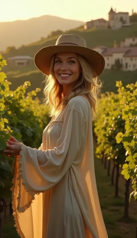 Cameron Diaz slightly smiling dressed up as vintage night shirt with rustic old farmers hat picking grapes in vineyard with some small stone houses village in the back, golden sunset