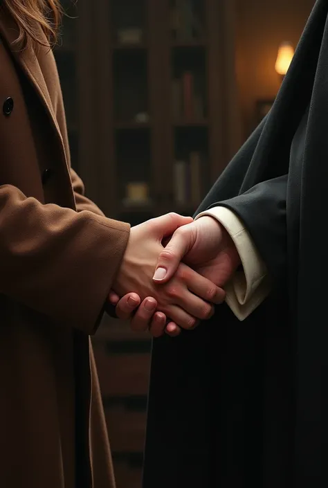 Severus Snape holding Hermiones hand. Harry Potter art. In the Snapes room. Realistic art. Showing just their hands. Alta resolução, Hermiones with brown hair and brown cloack. Snape with black clock and middle hair.