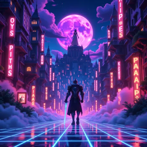  Loading screen of a retro video game in synthwave style :  a knight in futuristic armor and a sword of neon light ,  walking through a city illuminated with bright skyscrapers and holographic signs. In the background, On top of a tower,  the silhouette of...