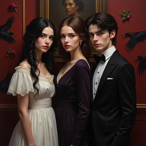 Dark academia style vibes. Two sisters and one brother. Young family elegant. Dark and Elite ambient. 
Ravens Crows and Roses Background, Elegant roon house Background. Secret family. Drawing style rococo paiting oil. Piece of oil art. One sister with whit...