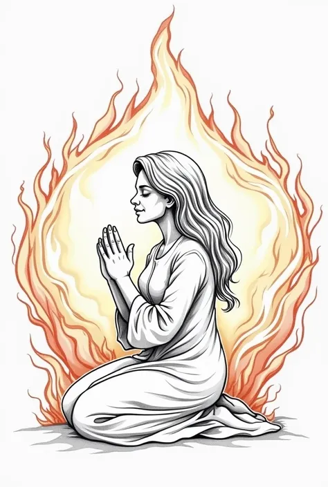 
drawing of a woman praying, Circle the woman with flames that appear alive and dynamic, using curved lines. Make the fire connect to it symbolically, as if emanating from your prayer.
 The figure of the woman highlighted, in a prayer pose, kneeling.
Inclu...