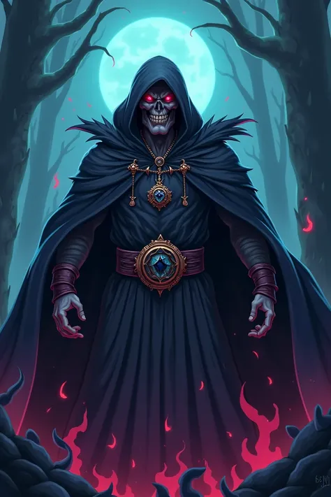  Create in Cartoon, Necromancer character, with an angry face, sombrio