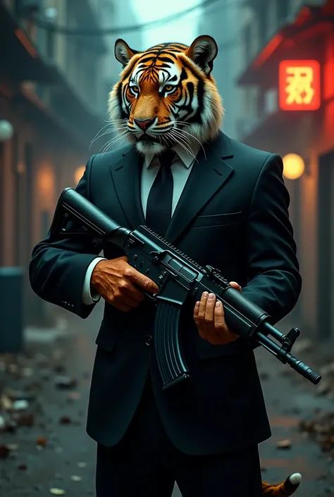 Tiger wearing an ak47 in a suit 