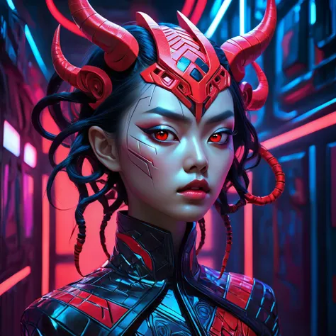  ancient biomechanical portrait Distorted geometric patterns,  kaleidoscopic nightmares ,  shattered illusions ,  blood-red angles ,  haute couture in chaos ,  Escher-inspired fashion magazine ,  labyrinthine corridors bathed in ominous neon lights ,  Focu...