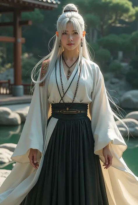 (photorealism:1.2), beautiful woman, saiyuki sanzo, warrior monk, wearing a whote robe over a black skirt, wearing Buddhist scripture over shoulders, Buddhist monk bead necklace, long hair, soft lighting, realistic, intricate details. Zen garden background...