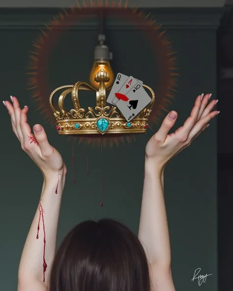 The image shows a person from behind,  raising a crown with both hands above their head . The crown is ornamental and has a large gem in the center and the poker cards. The person wears an elegant red dress  . There is a light bulb behind the head of the p...