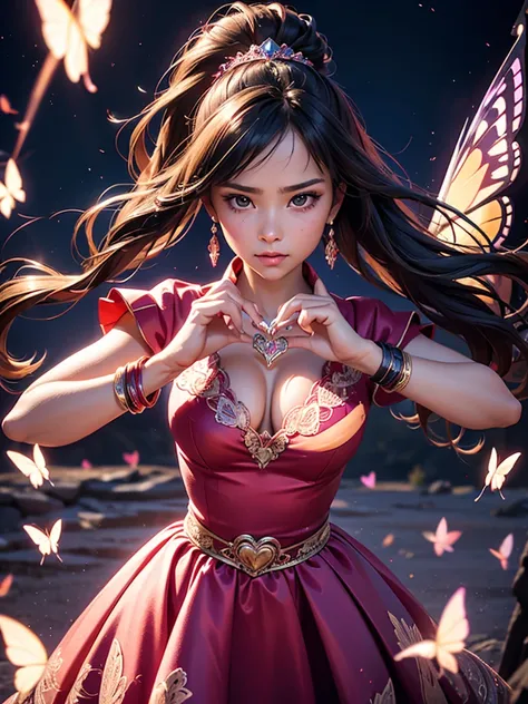 A woman with magical powers,
making a heart shape with her hands and generating intense heat energy inside,
sparks flying all over the place,
passionate outfit,
messy long hair in a ponytail,
bracelets, necklaces, butterfly hair accessories,
perfect female...