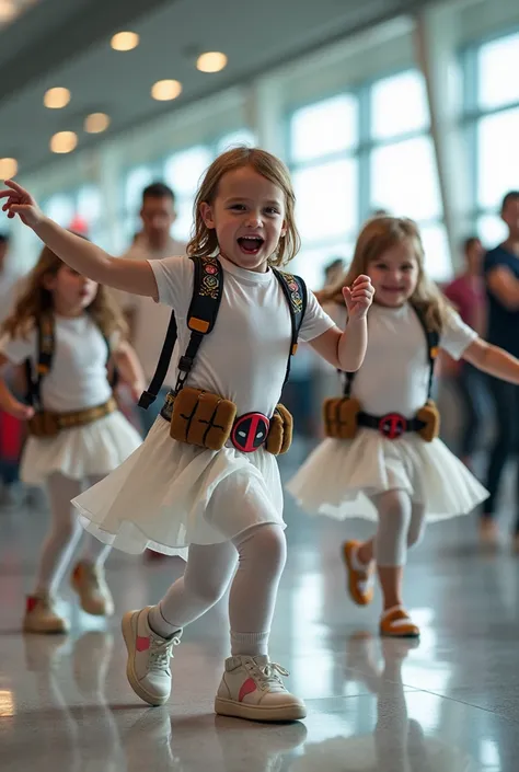 Boys and girls, ,  wearing white deadpool outfits, dancing , airport building background ,lots of people walking ,realistic image,HD quality,bright light,full anggle 