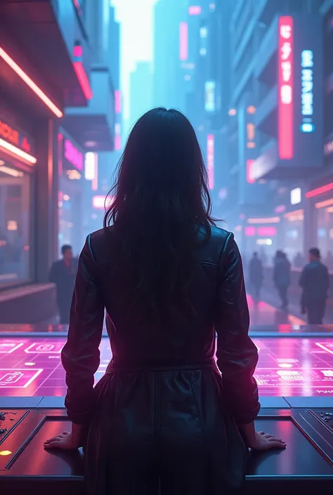 future,  cyberpunk, Bright colors, table,  back view ,  no one 