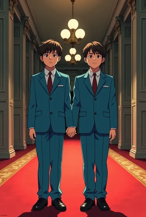 I want the classic scene of the twins from The Shining more instead of the twins being girls I want them to be boys remember to do them hand in hand the image has to be an anime style