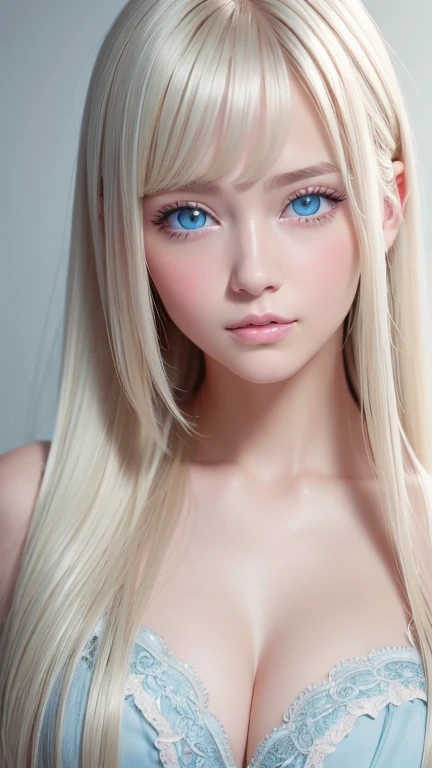 Beautiful, white and radiant skin、Blonde hair that changes color depending on the light、Long bangs between the eyes obstruct vision、Shiny highlights on the cheeks、 sexy and very beautiful lovely cute gorgeous face、 Worlds Most Beautiful Face 、 super long g...